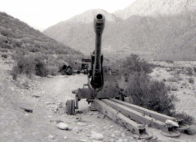 Damaged soviet 120-mm gun near Asmar - Afghanistan 1985