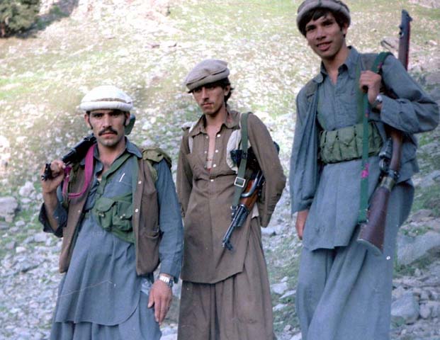 Lali Jan the teacher - no english - looking tough on left. Afghanistan, Kunar, north of Asmar, aug 1985